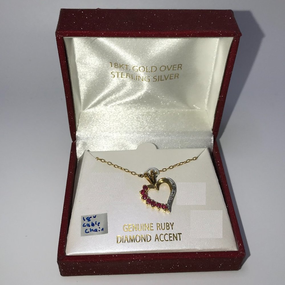 18" 18kg Vermeil Cable chain with Diamond and Ruby Heart Pendant